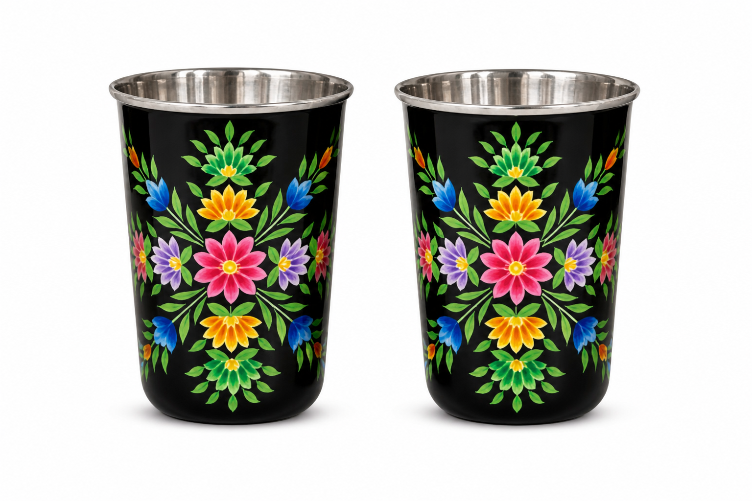 Set of 2 Stainless Steel tumblers ,hand painted glass with lead free colors by Kashmiri artist , Hand painted enamelware tumblers handcrafted
